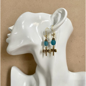 Gold German Dragonfly Blue Agate gemstone  Earrings - Annie Sakhamo